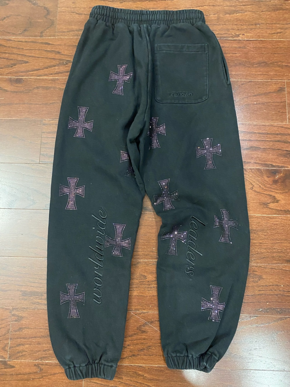 Unknown London Puff Cross Jeweled Embroidered Joggers in Black small Streetwear